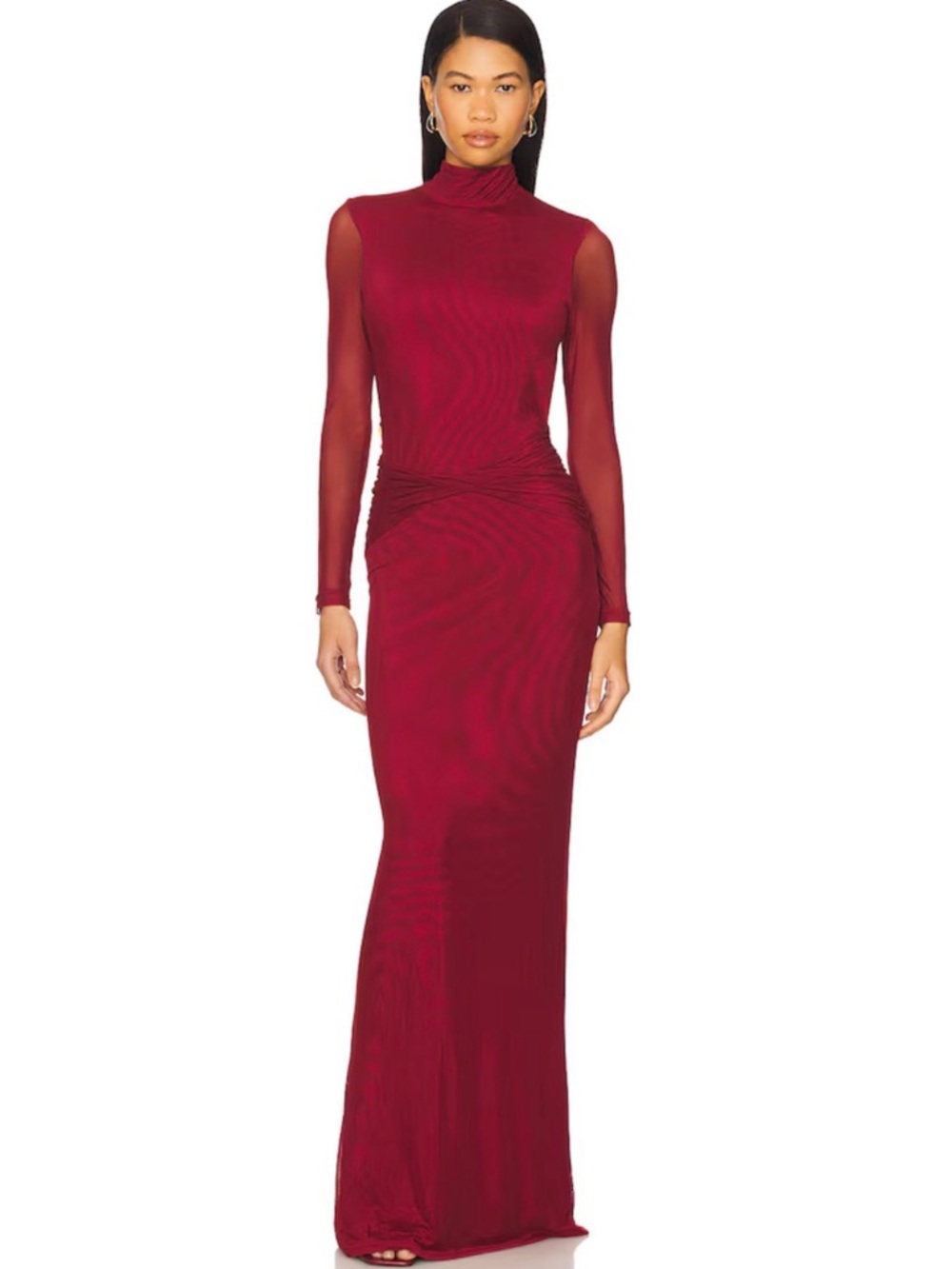 Burgundy Long-Sleeve Turtleneck Evening Gown